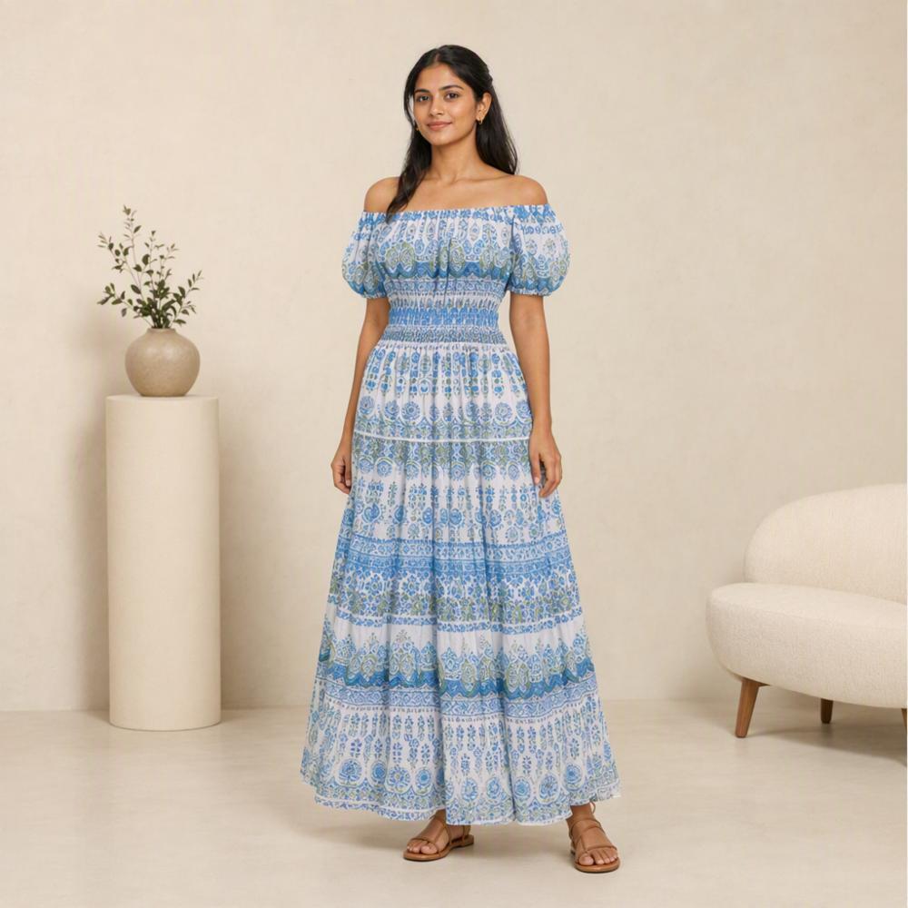 Women's Premium Cotton Printed Off-Shoulder Smocked Maxi Dress