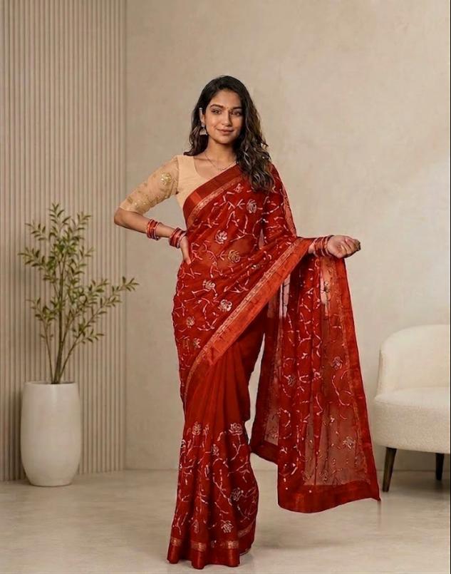 Pure Viscose Georgette Embroidery Work Saree with Sequins and Thread