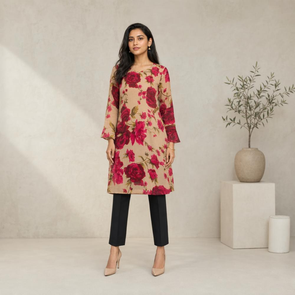 Women's Beige Floral Print Chiffon Kurta | Elegant A-Line Ethnic Wear