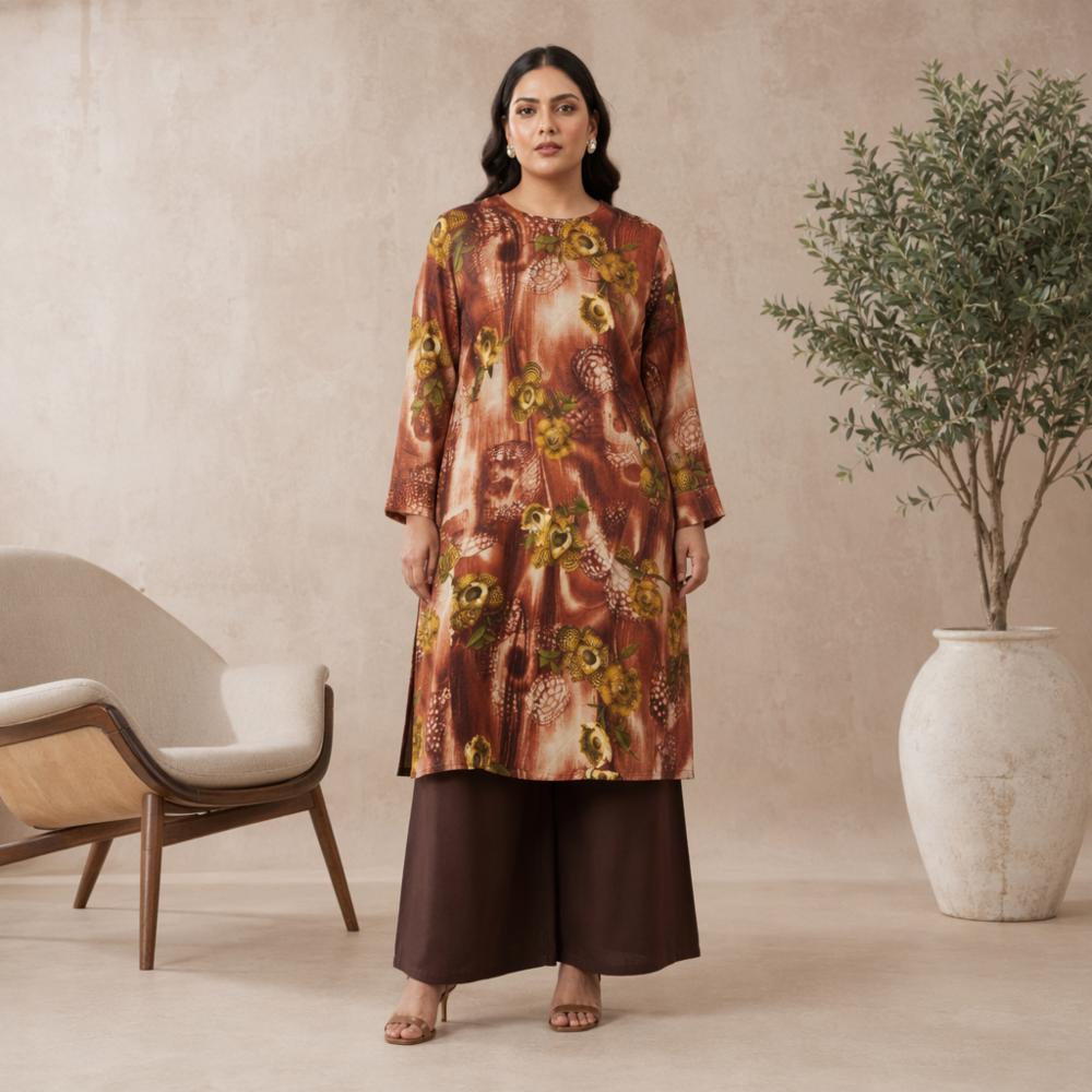 Women's Rust Brown Abstract Floral Print Kurta | Ethnic Casual & Festive Wear