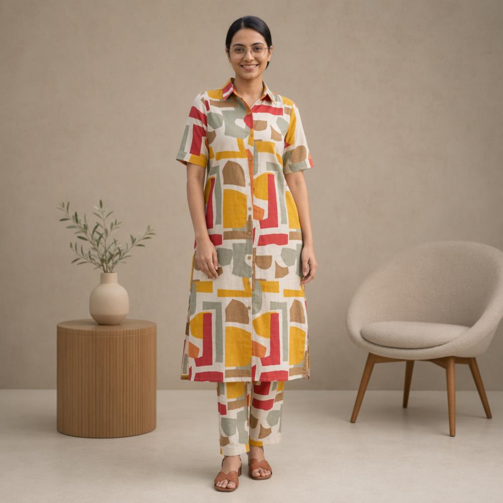 Women's Multicolor Geometric Printed Cotton Blend Straight Kurta with Pant Set