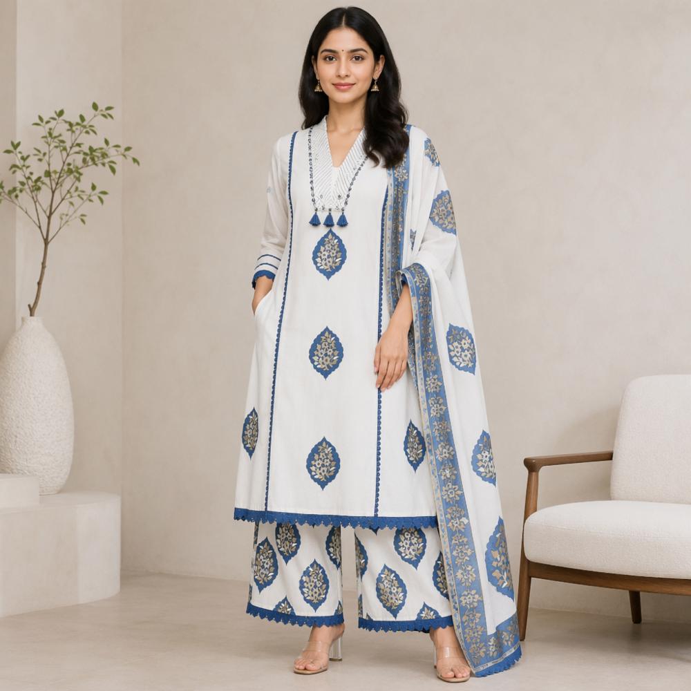 Women's Premium Jaipuri Print Cotton Kurta Pant Dupatta Set | Handwork | Daily & Party Wear