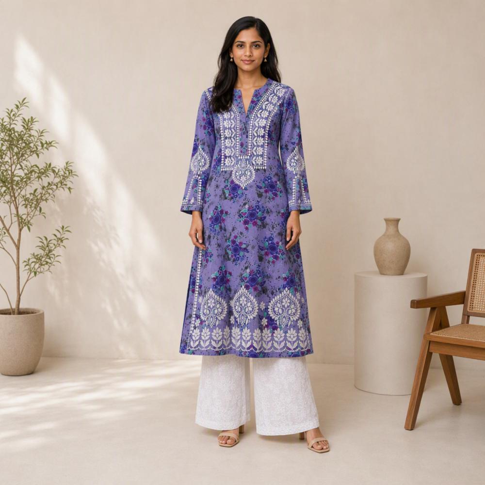 Women's Chanderi Cotton Printed Kurti with Chikankari Embroidery | Designer Ethnic Wear