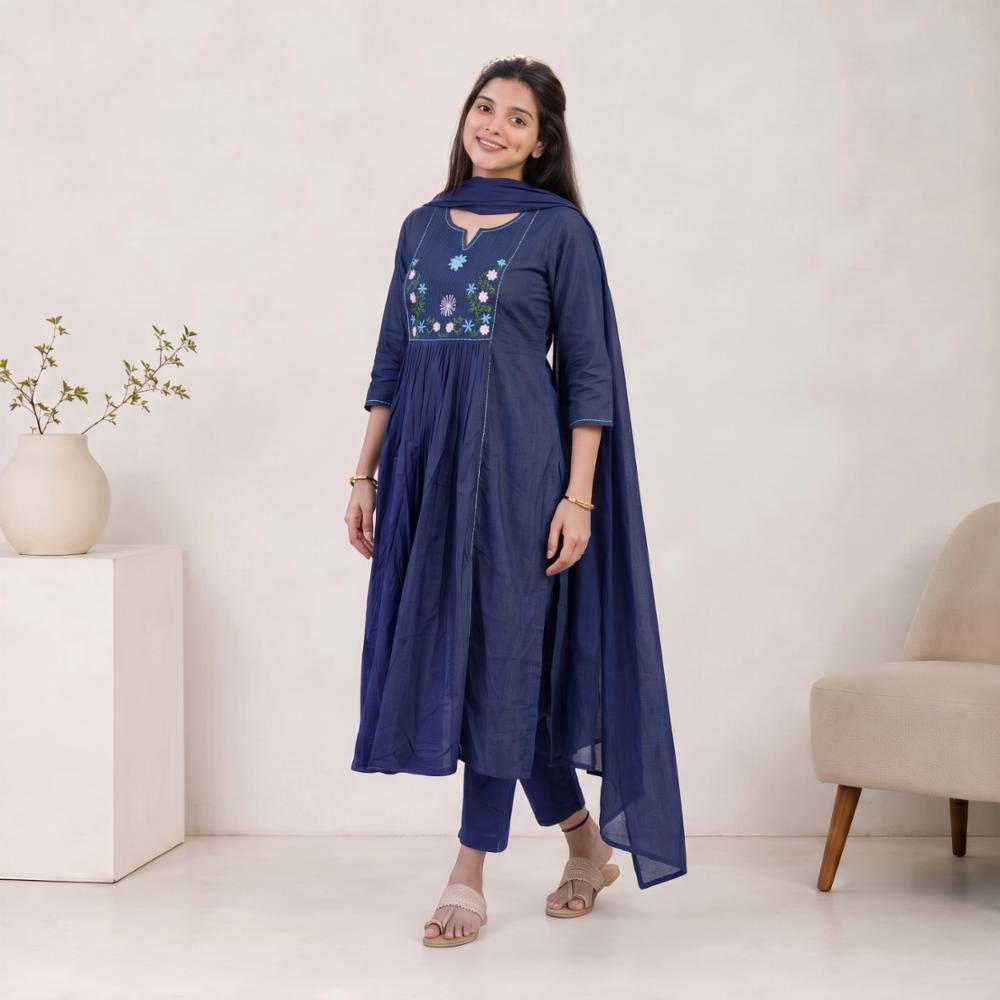 Pure Cotton Embroidered Kurti Set with Pant and Dupatta
