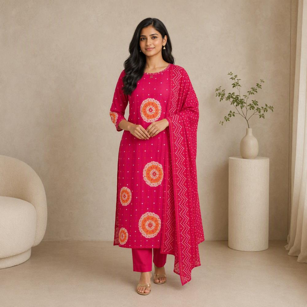 Women's Pure Cotton Bandhani Printed Kurta Pant & Dupatta Set | Ethnic Wear