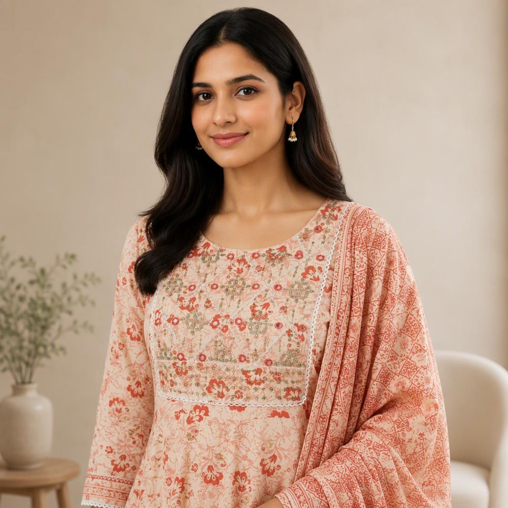 Pure Cotton Anarkali Kurti Pant Dupatta Set