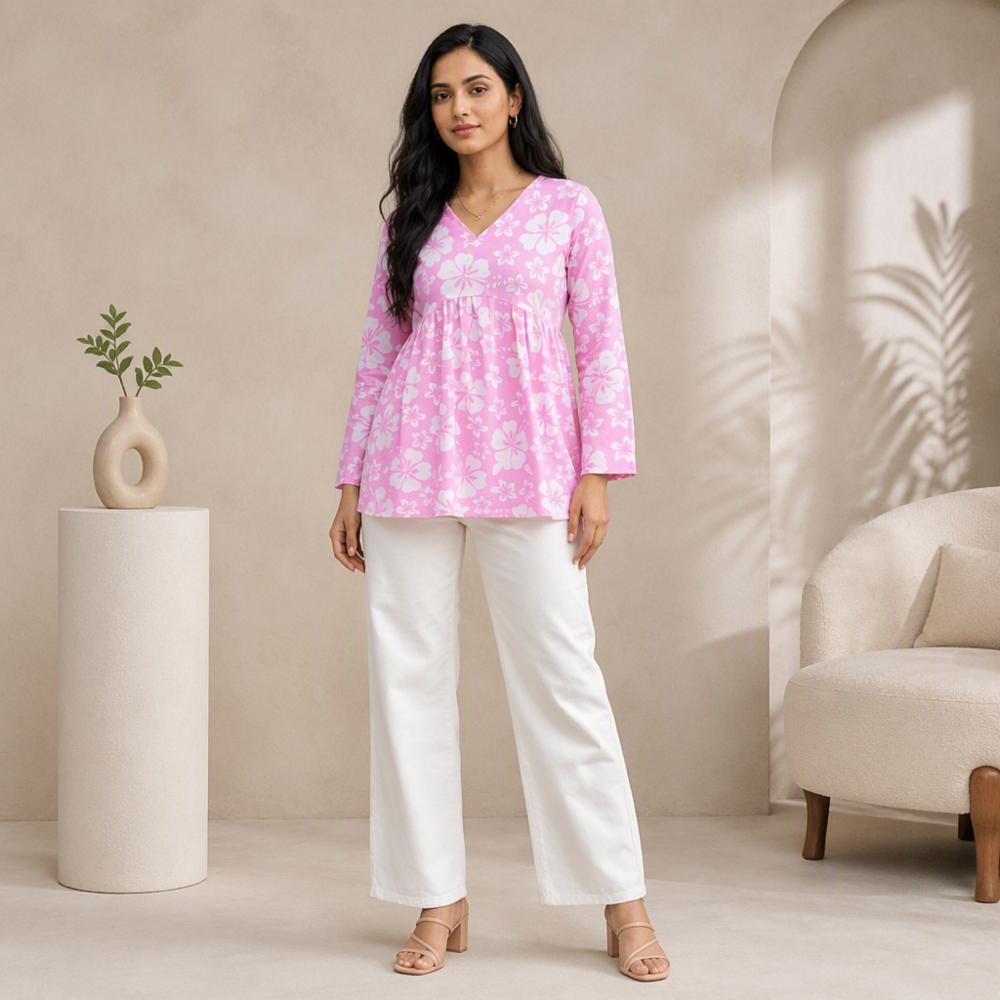 Woman Cotton Printed White-Pink Flared Short Kurti 