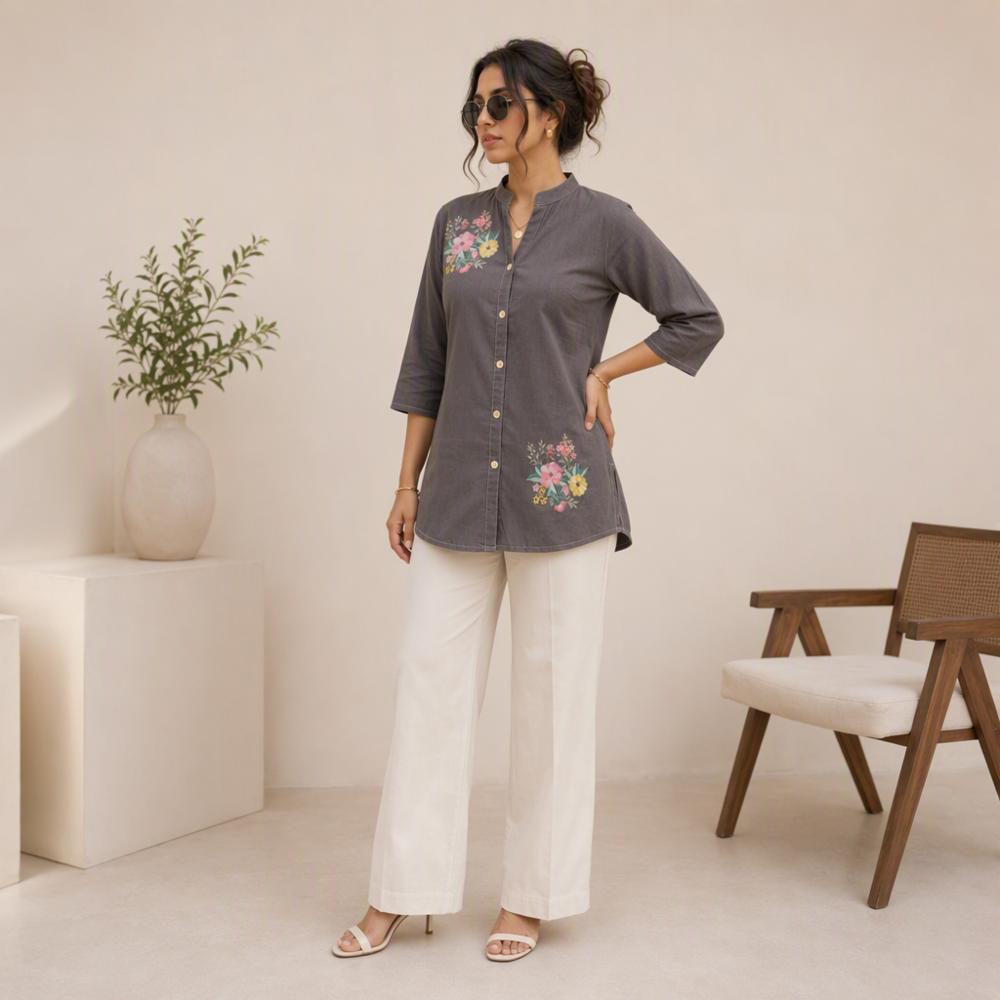 Women's Grey Cotton Flower Printed Shirt