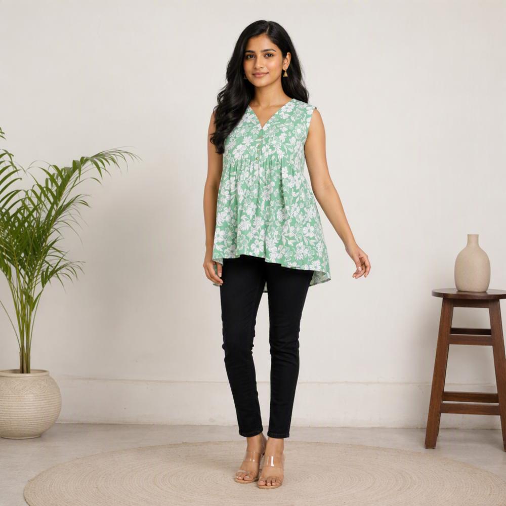 Women's Pure Cotton Floral Print Short Kurti | Peplum Style Casual Top