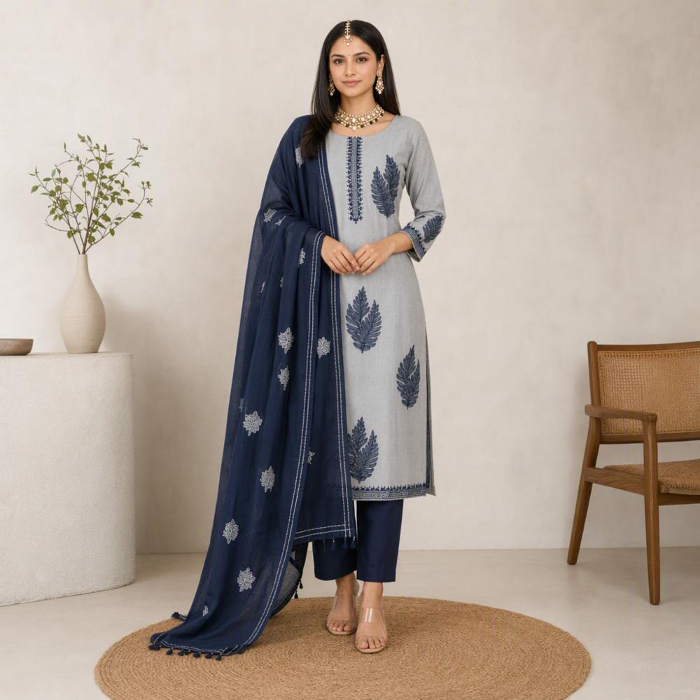Khadi Cotton Embroidery Unstitched Suit Set