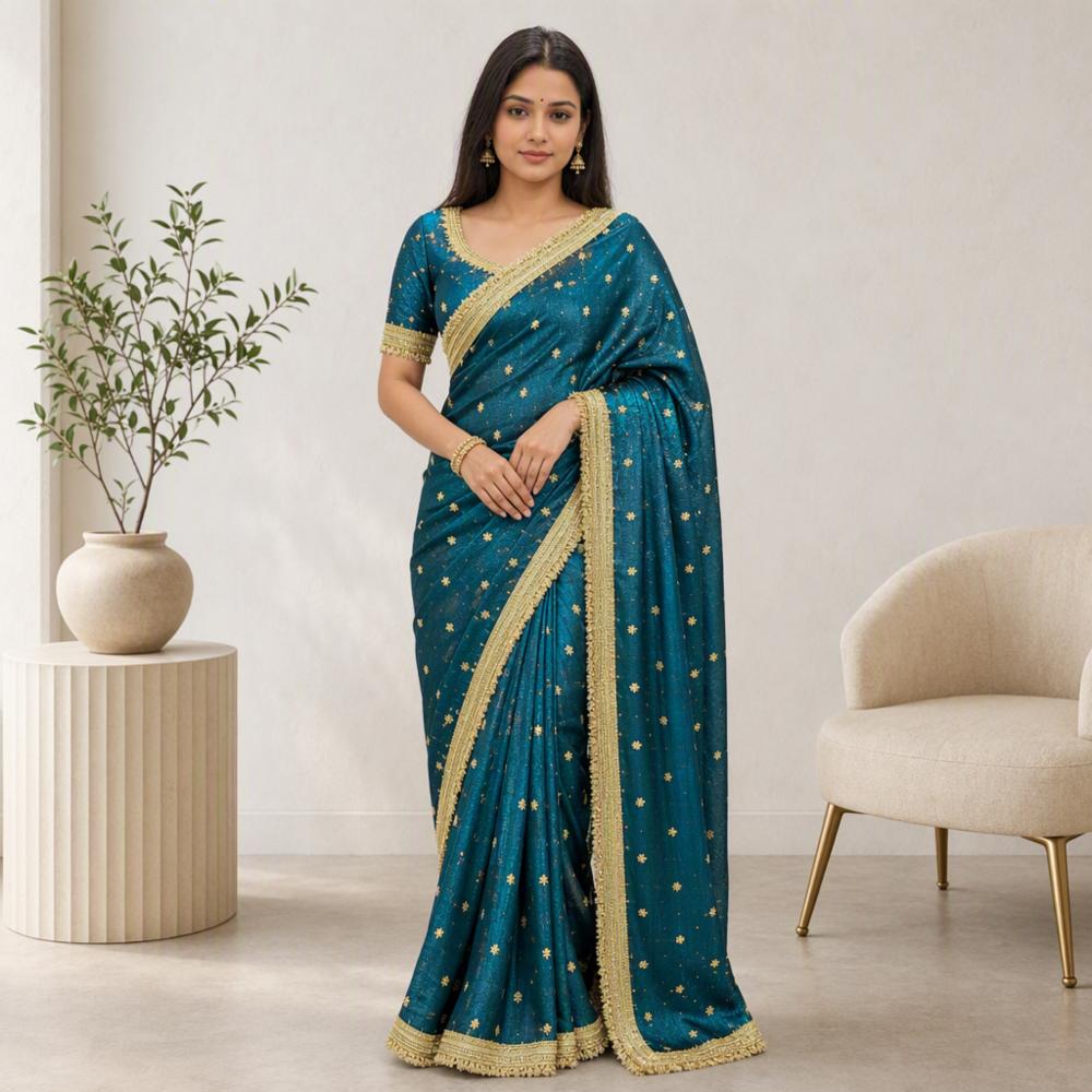 Women's Space Satin Multi Sequence Work Saree with Mirror Lace & Heavy Sequence Blouse