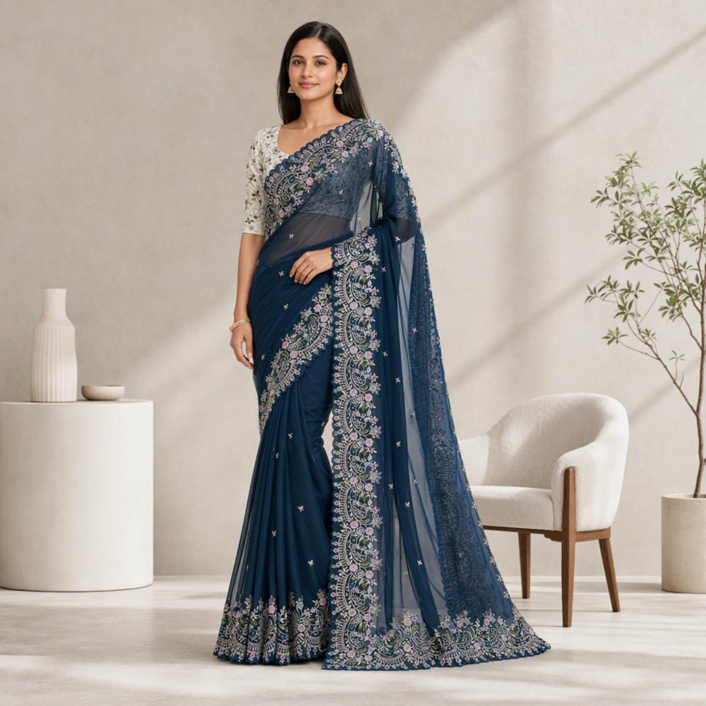 Saree with Multicolor Sequin Embroidery and Diamond Silk Blouse