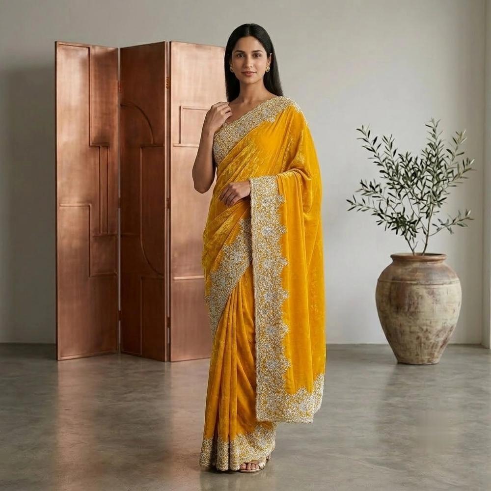 Saree with White Embroidery and Cut Work Border