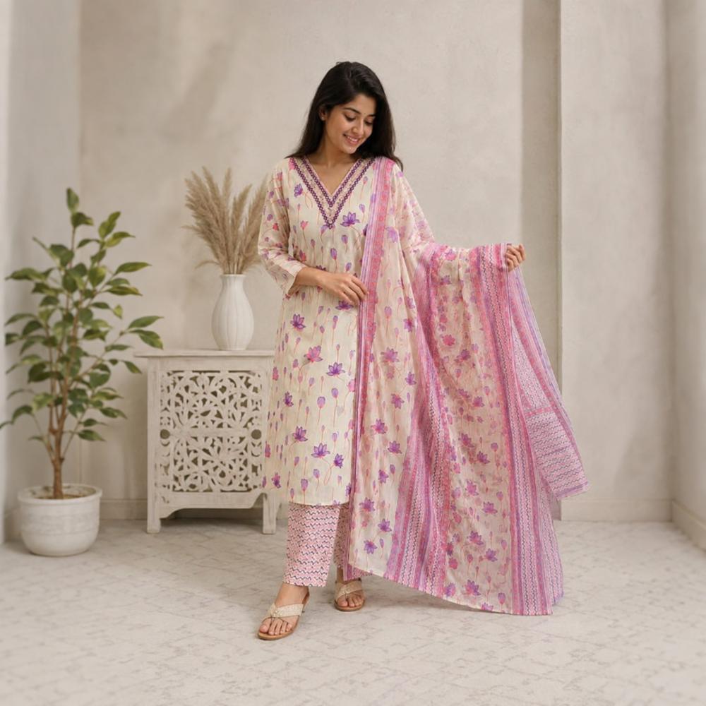 Pure Cotton Kurti Pant Dupatta Set