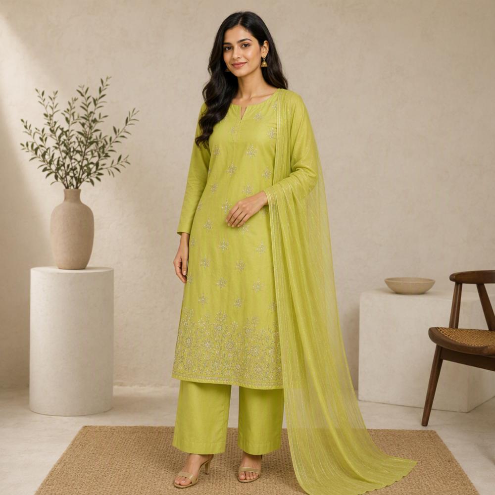 Women's Glass Chanderi Embroidered Unstitched Dress Material