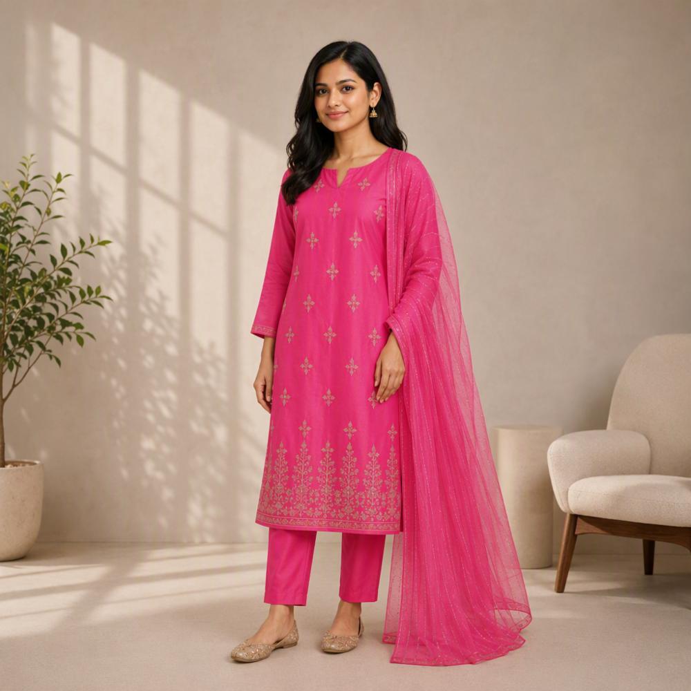 Glass Chanderi Embroidered Unstitched Dress Material 