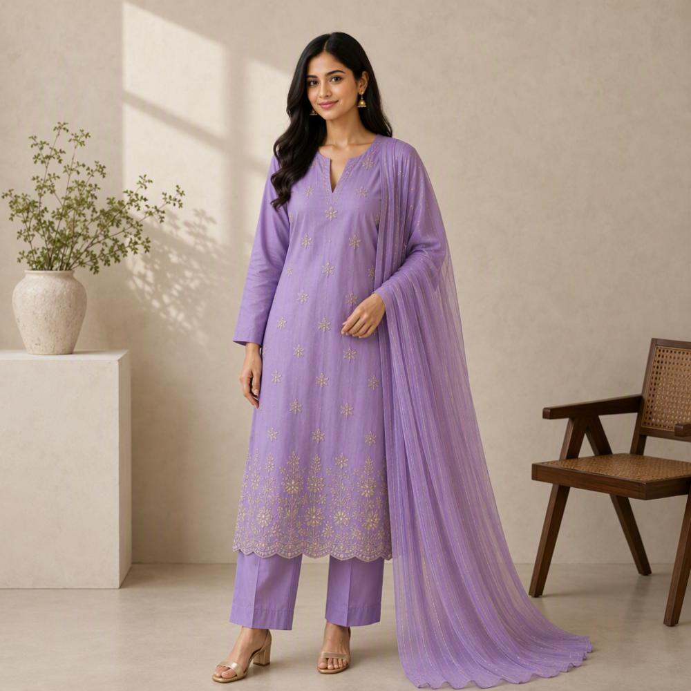 Women's Glass Chanderi Embroidered Unstitched Dress