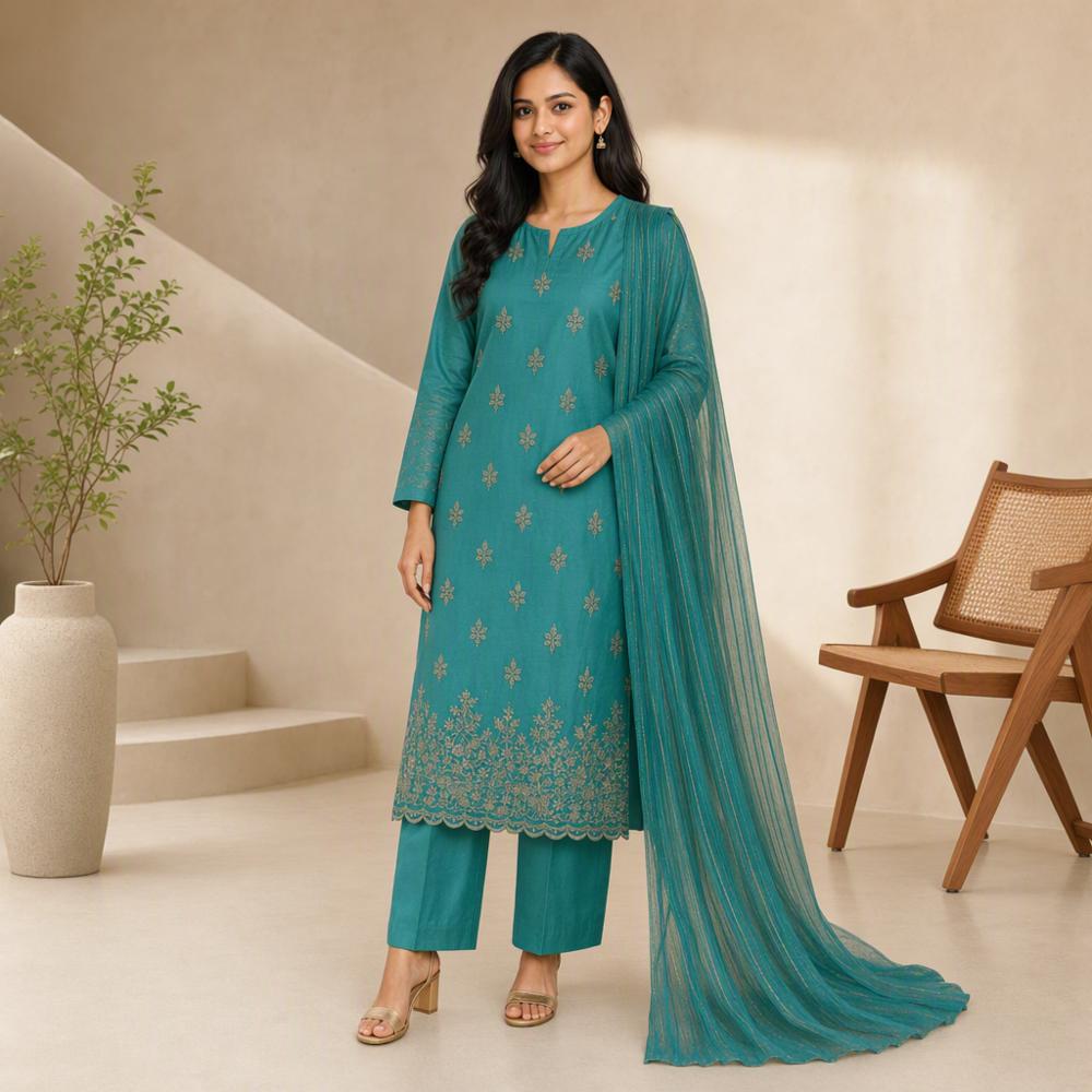 Women's Glass Chanderi Embroidered Unstitched Dress Material