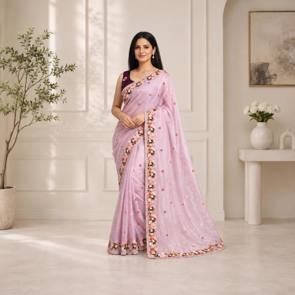 Crystal Tissue Saree with Zari Embroidery
