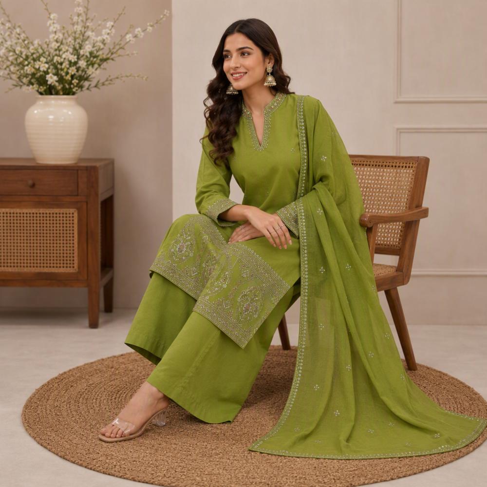Women's Premium Muslin Silk Kurta Palazzo & Dupatta Set | Heavy Handwork Ethnic Suit