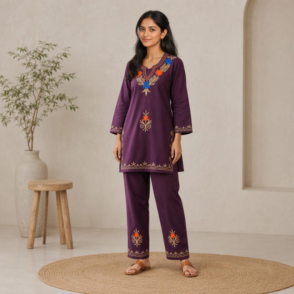 Kashmiri Embroidered Cotton Blend Co-Ord Set | Kurta Pant Set