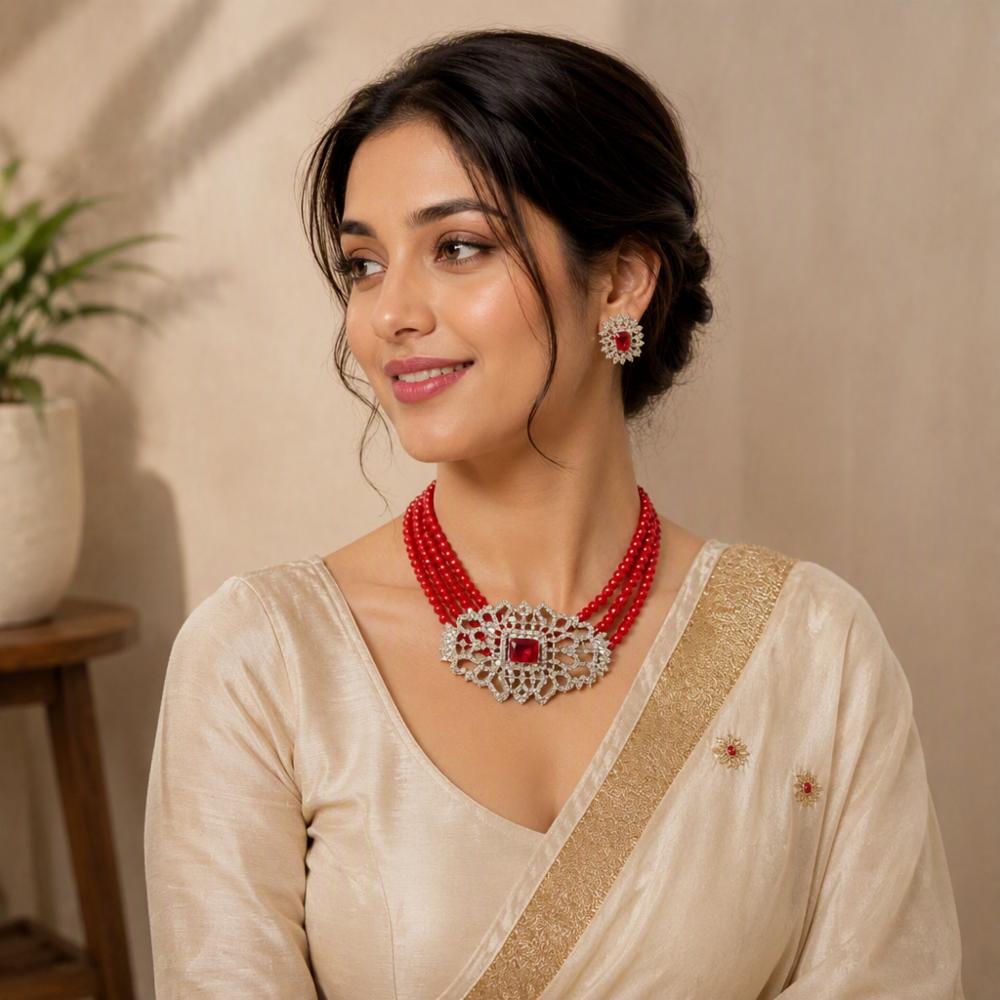 Red Beaded Kundan Choker Necklace Set with Earrings for Women