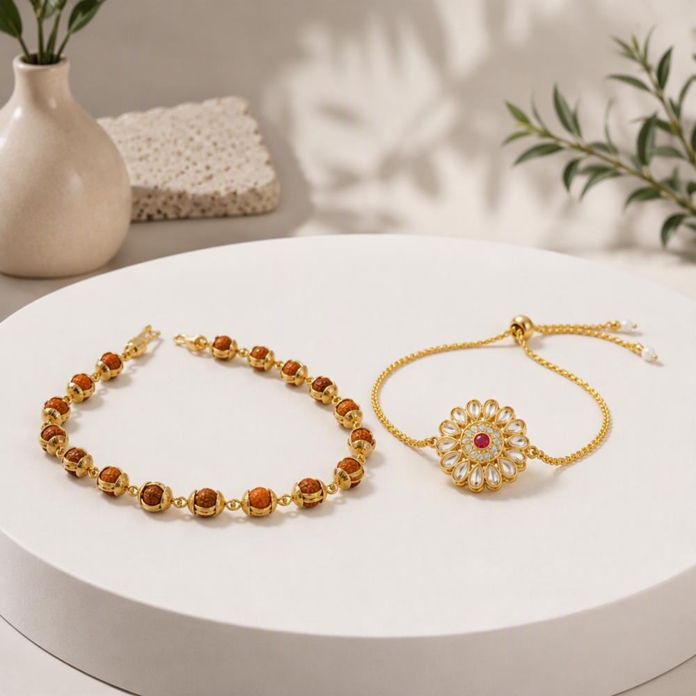 Rudraksha Beaded Gold Plated Adjustable Kundan Floral Charm Bracelet for Women