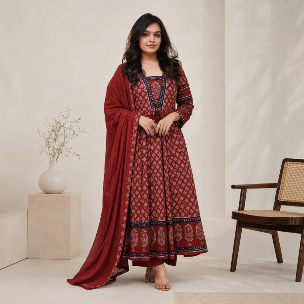 Block Print Anarkali Suit Set with Pant and Dupatta 