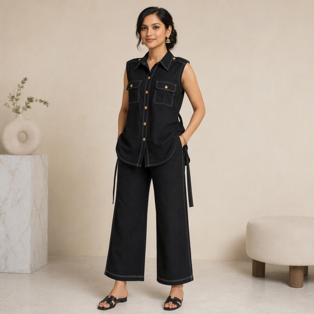 Black Cotton Flax Co-ord Set 