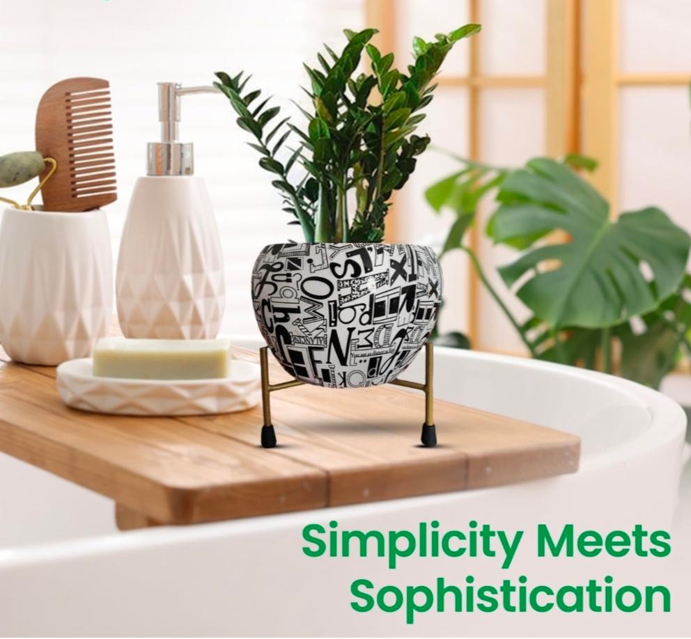 White Geometric Pot with Gold Metal Stand for Home & Indoor Decor