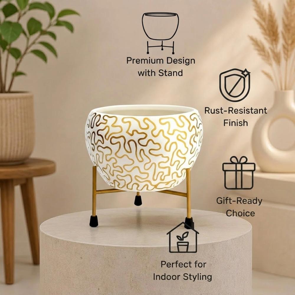 White Geometric Pot with Gold Metal Stand for Indoor Decor