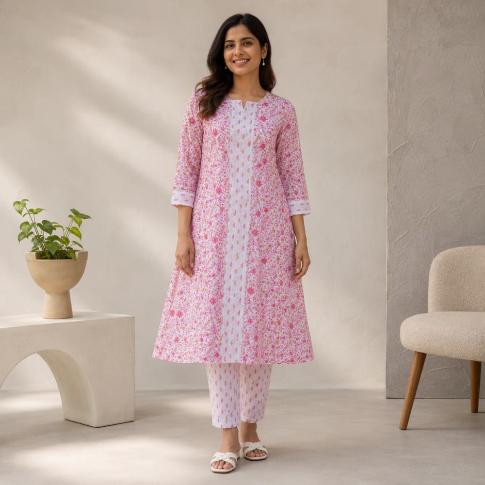 Women's Abhaa Pink Floral Cotton A-Line Kurta Pant Set | 100% Cotton Ethnic Wear