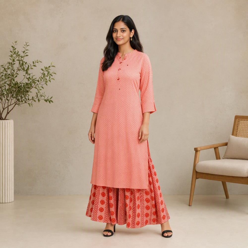 Women's Peach Printed Viscose Rayon Straight Kurta with Sharara Set | Ethnic Wear