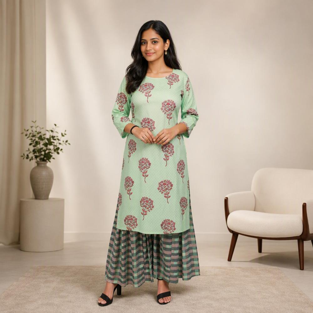 Women's Mint Green Viscose Rayon Printed Straight Kurta with Printed Sharara Set | Ethnic Wear