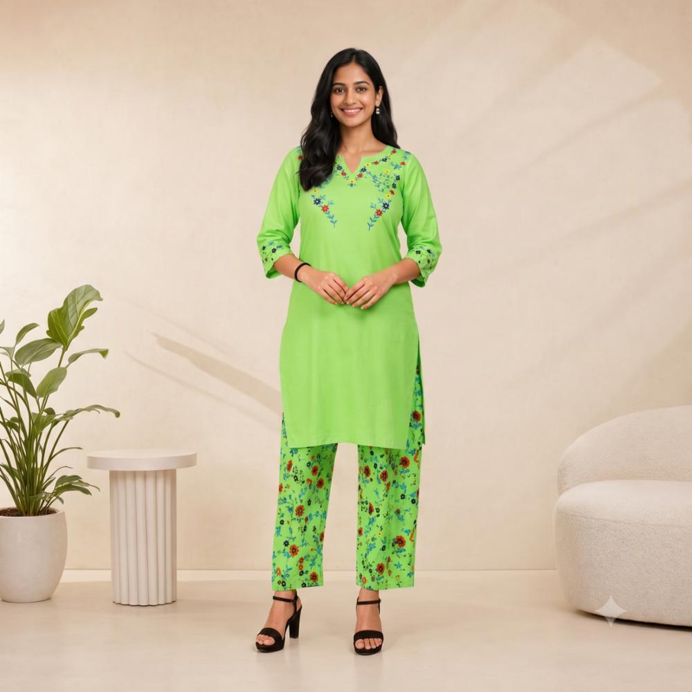 Women's Lime Green Cotton Embroidered Kurta Pant Set | Floral Embroidery