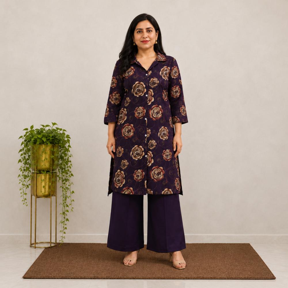 Purple Floral Printed Kurta and Palazzo Co-ord Set for Women