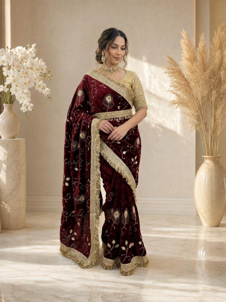 Women's Space Satin Multi Sequence Bits Work Saree with Contrast Running Blouse | Premium Party Wear