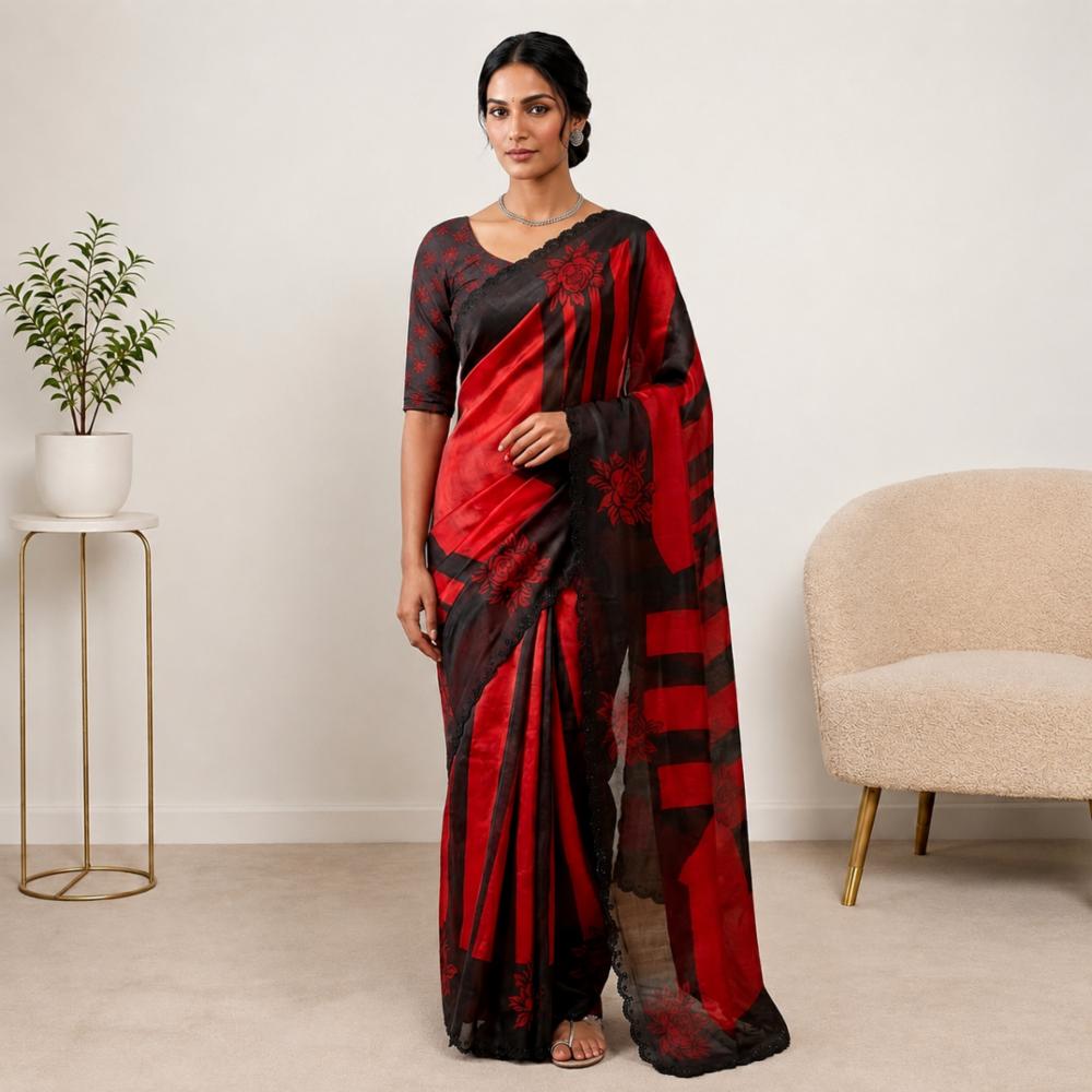 Space Silk Saree with Digital Print and Jarkhan Work