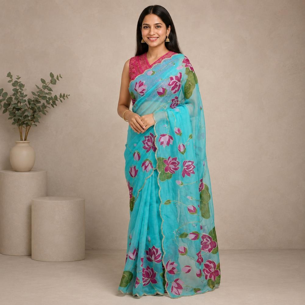 Soft Tebby Silk Saree with Digital Floral Print and Katdana Handwork