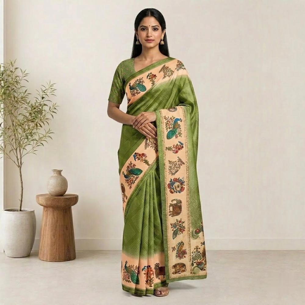 Digital Printed Saree with Contrast Border and Unstitched Blouse