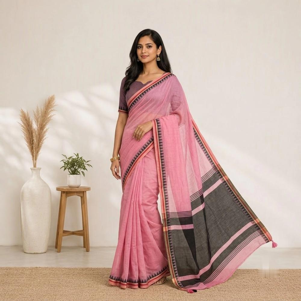Modal Cotton Saree with Contrast Weaving Border & Zari Details