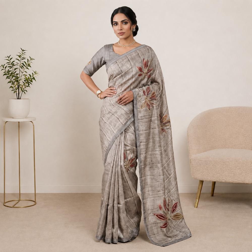 Saree with Digital Print, Sequins Work, and GPO Lace