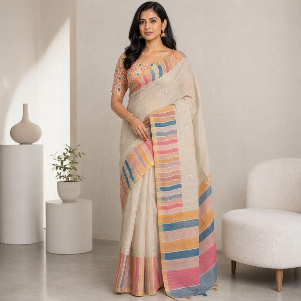 Embroidered Designer Saree with Zari Border and blouse piece