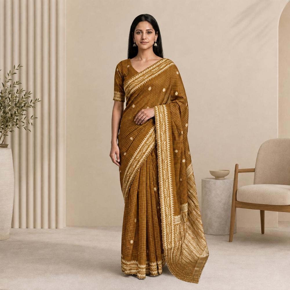 Linen Cotton Saree with Jacquard Checks & Floral Weaving
