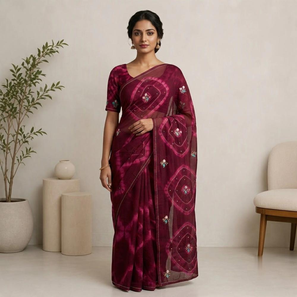 Semi Chiffon Hand Cutdana Saree with Cutwork Border and Blouse