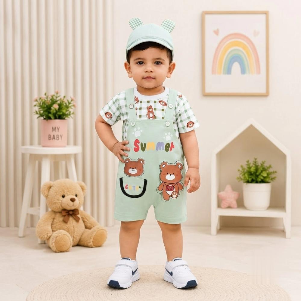 Kids Soft Cotton Dungaree Dress with Matching Cap 