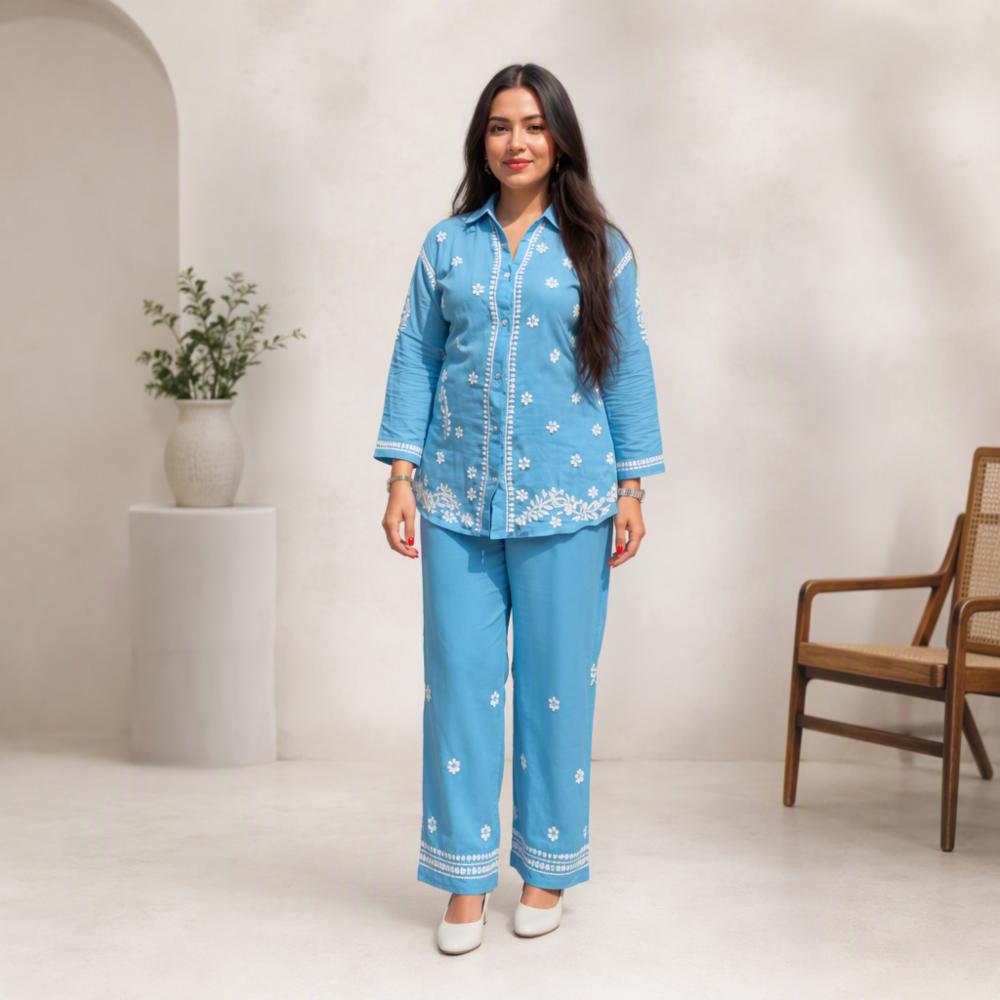 Womenâs Floral Chikankari Cotton Co-Ord Set