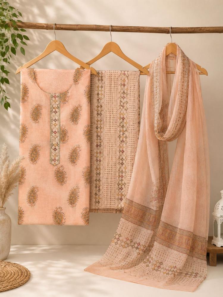 Peach Printed Suit Fabric with Printed Bottom & Dupatta | Unstitched Suit Set