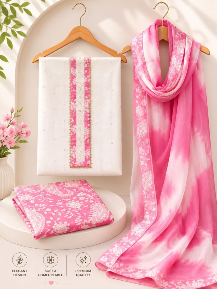 White Printed Suit Fabric with Printed Bottom & Tie-Dye Dupatta | Unstitched Suit Set