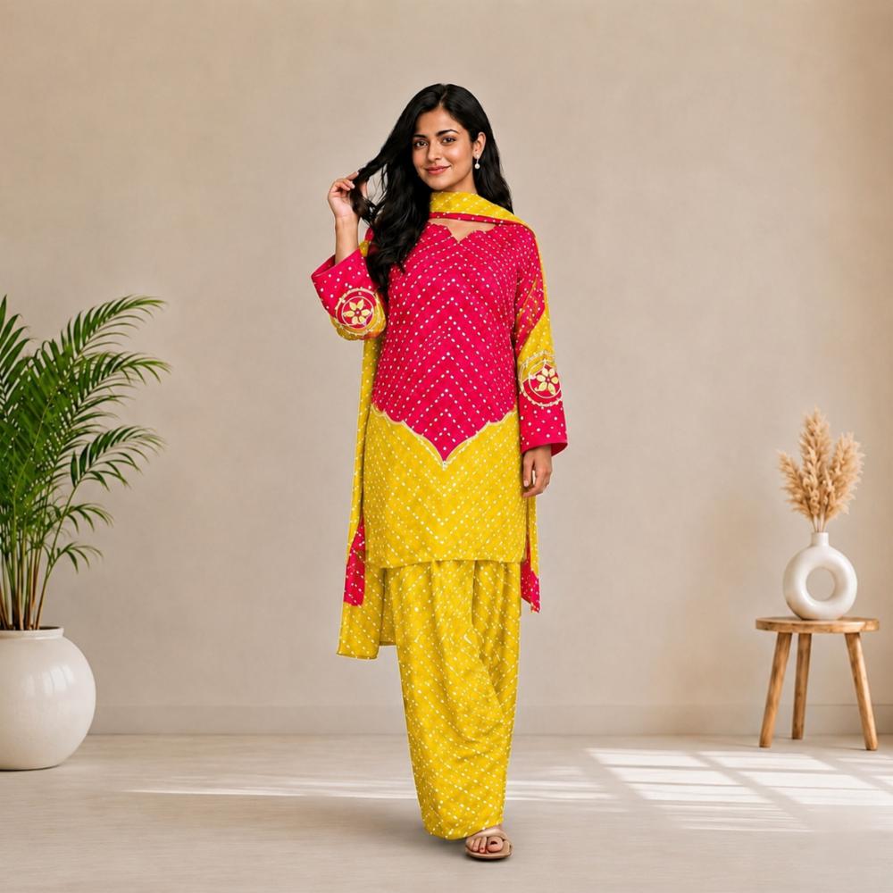 Bandhej diamond-dabka print Suit Set with gota-patti accent work